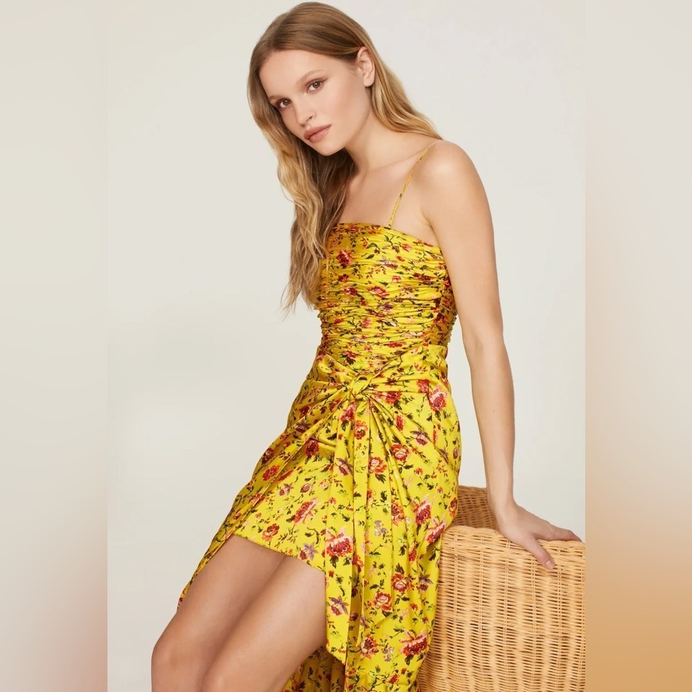 Cinq a Sept Katz Provence Dress 14 Yellow Floral Ruched Satin Midi Formal - Picture 14 of 16